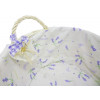 Cesto ovale 44x28h14 in vimini bianco foderato con decoro fiori lavanda e manici particolare