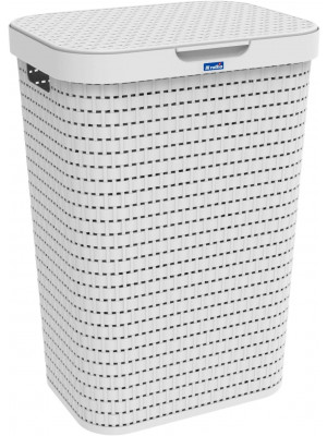 Porta biancheria cesto lavanderia contenitore bianco in finto rattan, Plastica (PP) senza BPA, da 55 Litri, 42.0 x 32.2 x 57.7 cm