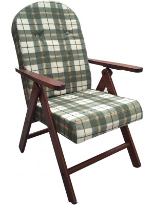 Poltrona divano sedia Amalfi in legno di faggio noce marrone con cuscino verde a scacchi quadri
