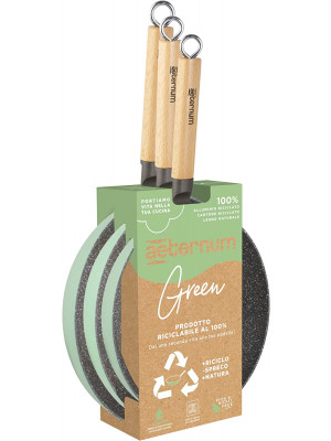Aeternum Green Induction Wood, Due Padelle Antiaderenti, Adatto a Induzione, Manici in Legno di Faggio, Diametro 20cm - 24cm - 28cm, 100% materiali riciclabili, Verde