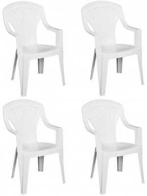 4 Pz Poltrona sedia Capri in dura resina di plastica bianca impilabile con braccioli e schienale alto