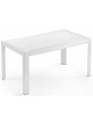 Tavolo tavolino rettangolare 140x80 Urano bianco simil rattan in dura resina di plastica con foro per ombrellone per esterno casa balcone bar da giardino