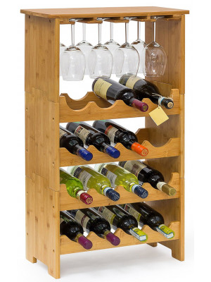 Mobile porta bottiglie cantinetta vino in legno di bambù naturale chiaro 16 posti con porta bicchieri