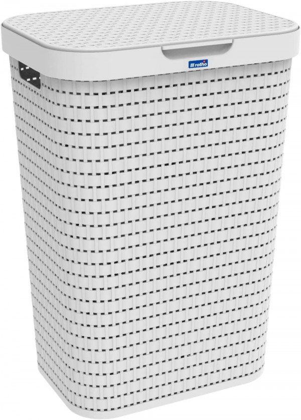 Porta biancheria cesto lavanderia contenitore bianco in finto rattan,  Plastica (PP) senza BPA, da 55 Litri
