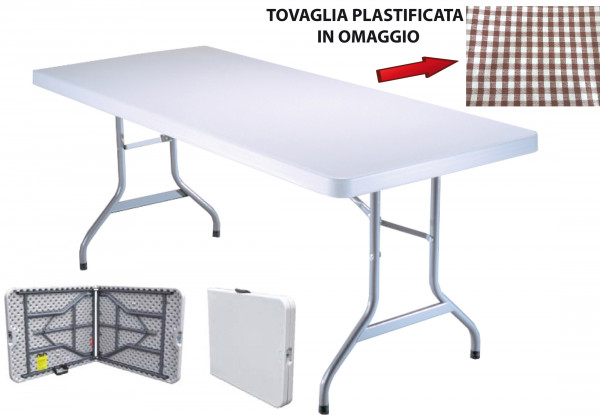 Tavolo Tavolino pieghevole richiudibile in dura resina bianco 180x76xH72  con tovaglia omaggio made in Italy quadretti