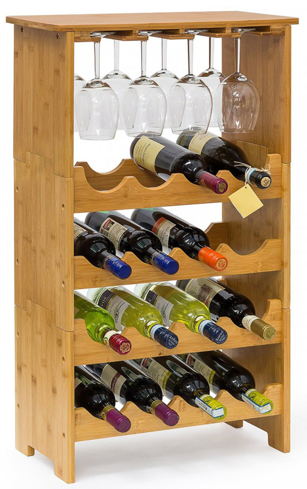 Mobile porta bottiglie cantinetta vino in legno di bambù naturale chiaro 16  posti con porta bicchieri