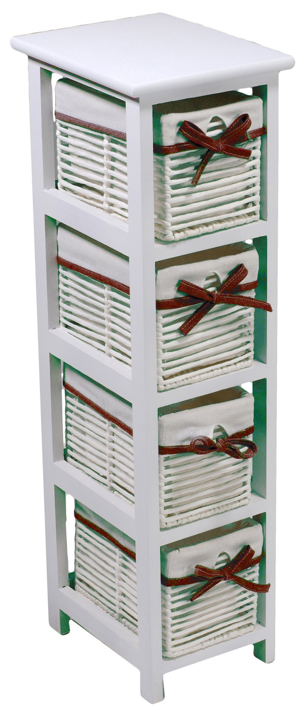 Cassettiera Hilary stretta bianca in legno 4 cassetti in cordoncino  foderati bianco con fiocco grigio