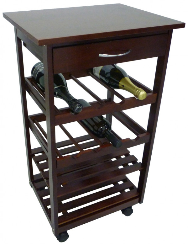 Mobiletto porta bottiglie da cucina in legno noce marrone con cassetto e  ruote autobloccanti