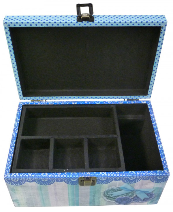 Scatola contenitore in legno per cucito rivestito in tnt decorato blu con  cerniera e interno con piano divisorio